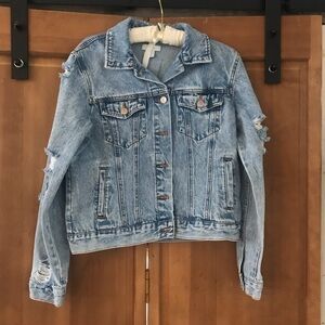 Forever 21 Denim Jean Jacket with Distressed Sleeves Size Small